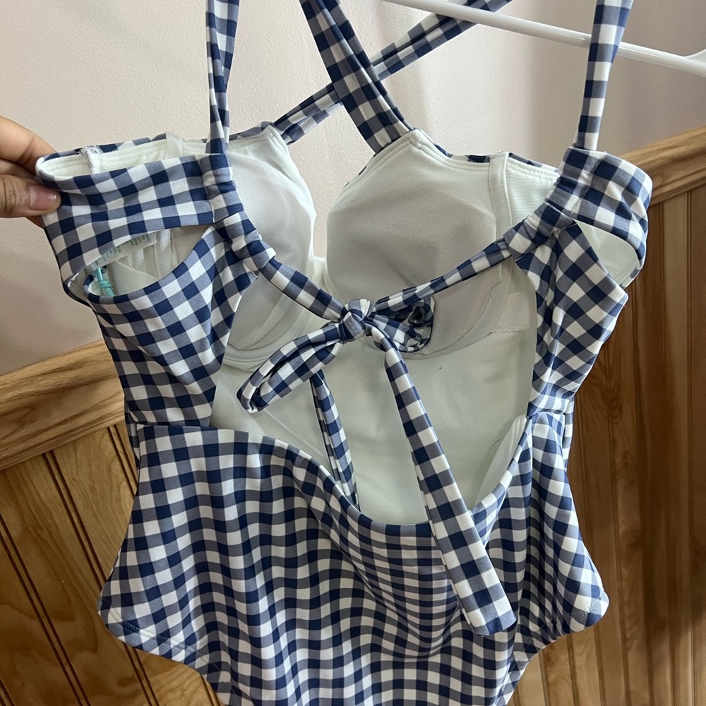 White a blue pox a dot one piece swim suit ! ( never worn )